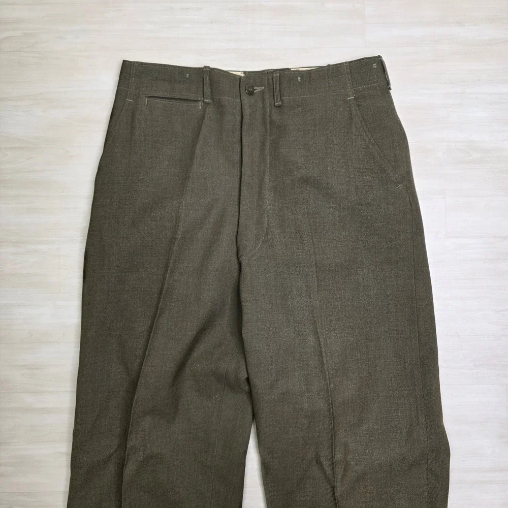 Vintage Military Wool Trousers Olive Drab High Waisted Button Fly Pants 32 x 33